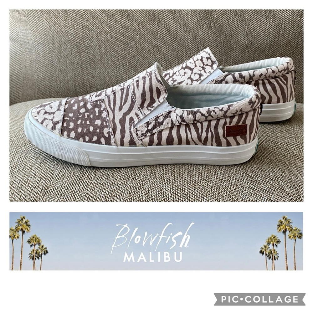 Blowfish Malibu Slip On Sneakers. Brown/Cream Patchwork Animal Print Pattern,11M
